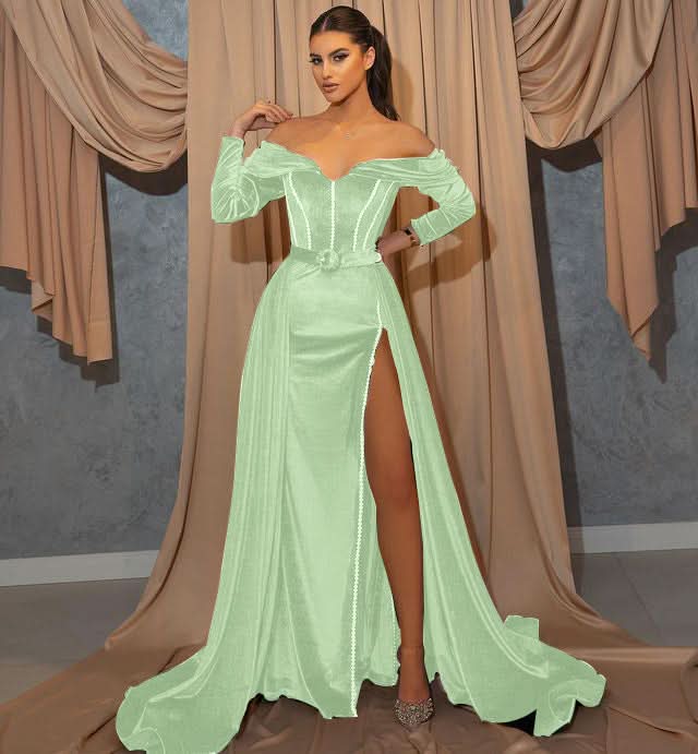 Dark Green Long Sleeve Sweetheart Mermaid Prom Dress with Front Split and Belt BM bride