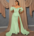 Dark Green Long Sleeve Sweetheart Mermaid Prom Dress with Front Split and Belt BM bride