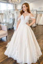 Sweetheart Off-the-Shoulder Wedding Dress With Train Backless A-Line Appliques Lace BM bride