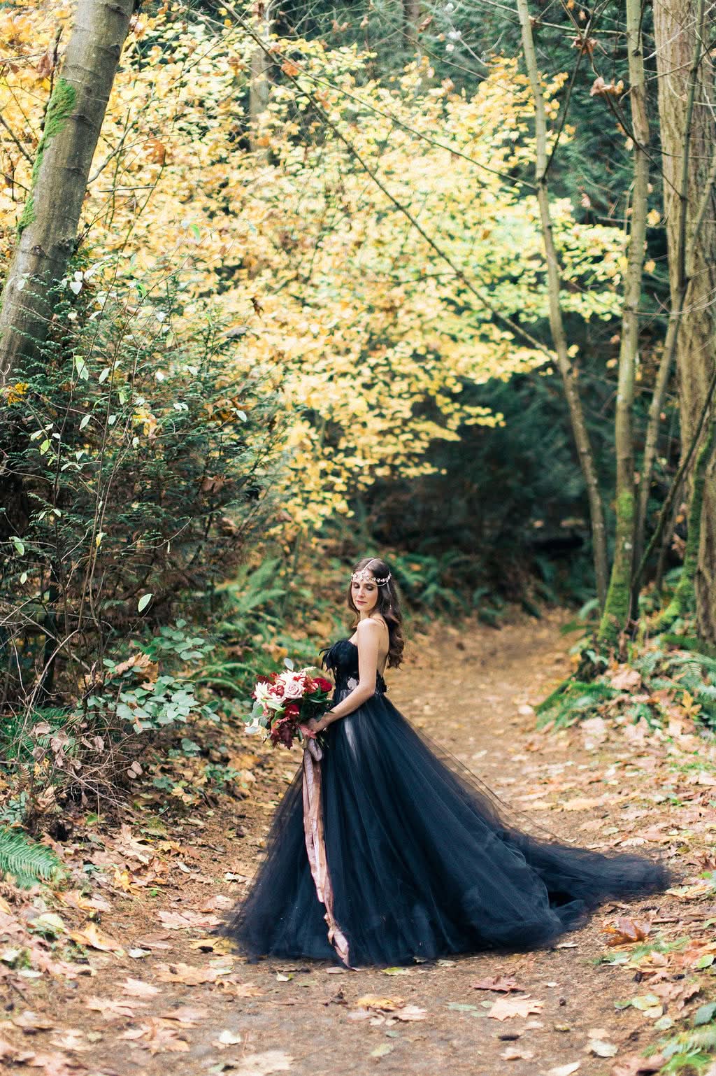 Black A-Line Strapless Tulle Long Wedding Dress with Lace Appliques BM bride