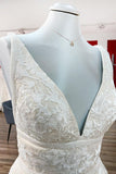 V-Neck Long Princess Backless Wedding Dress with Lace Tulle BM bride