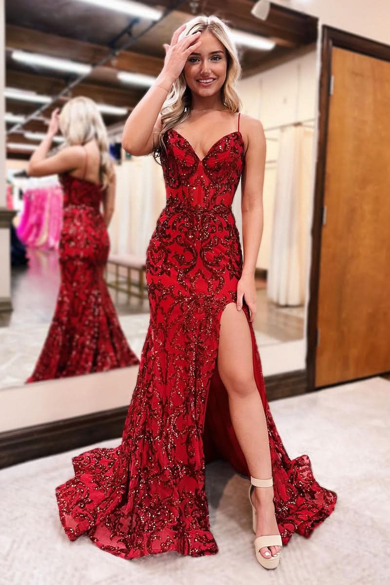 Radiant Red V-Neck Sequins Lace Mermaid Prom Dress with a Flattering Slit BM bride
