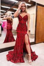 Radiant Red V-Neck Sequins Lace Mermaid Prom Dress with a Flattering Slit BM bride