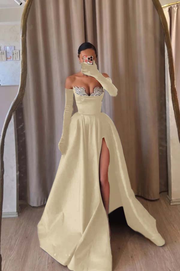 Strapless Sleeveless Long Split Prom Dress With Beading Long Gloves BMBRIDE