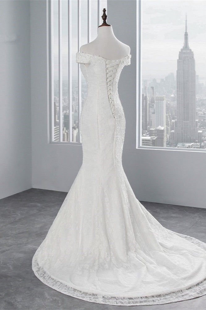 Off-the-Shoulder Long Mermaid Wedding Dress with Lace BM bride