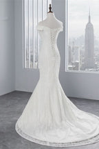 Off-the-Shoulder Long Mermaid Wedding Dress with Lace BM bride