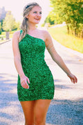 Green Sequins One Shoulder Tight Homecoming Dress Bmbride