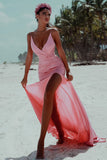 Glamorous Pink Spaghetti-Straps Deep V-Neck Mermaid Prom Dress with Slit BM bride