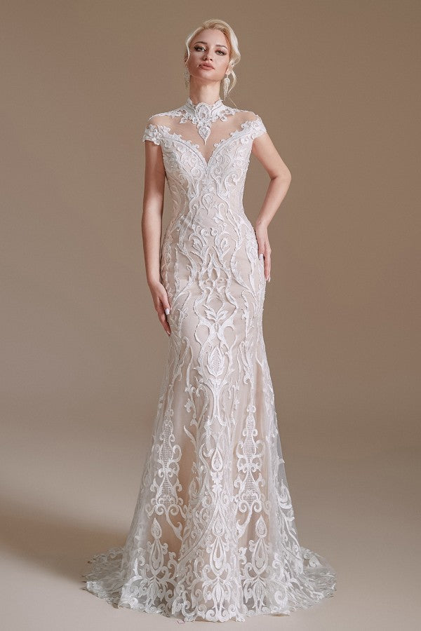 Sleeveless Mermaid Wedding Dress High-neck Lace With Sleeves BM bride