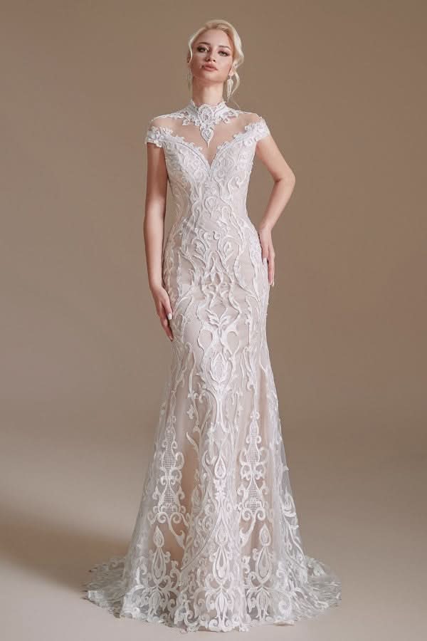 Sleeveless Mermaid Wedding Dress High-neck Lace With Sleeves BM bride
