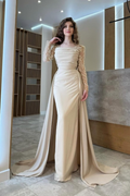 Long Sleeves Square Neck Long Mermaid Prom Dress With Pleated BMBRIDE