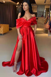 Red Off-The-Shoulder A-Line Prom Dress with Split BM bride