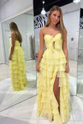 Strapless Sleeveless Long High Split Prom Dress With Pleated