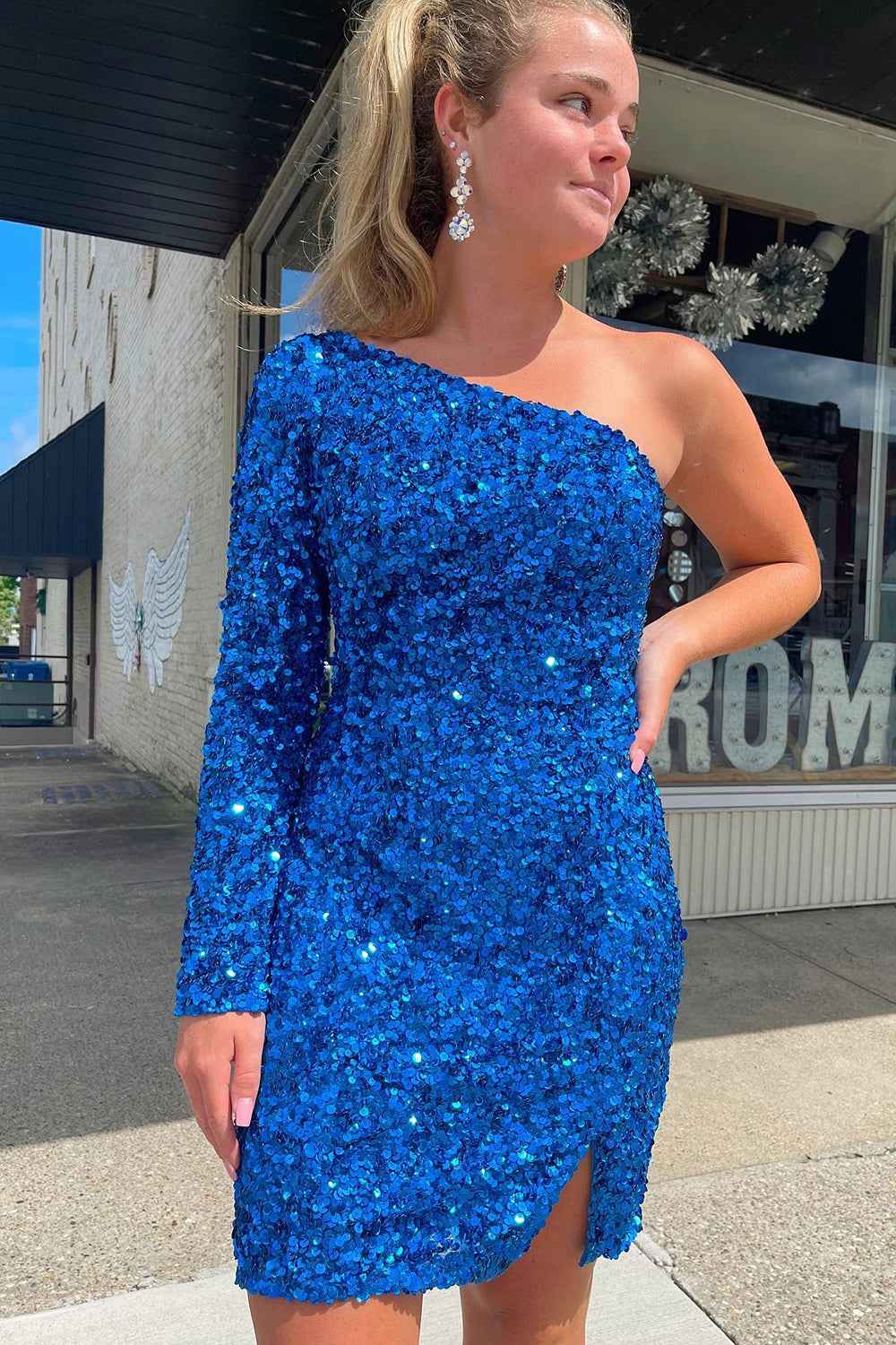 Blue Sequins Homecoming Dress with Sleeves Bmbride