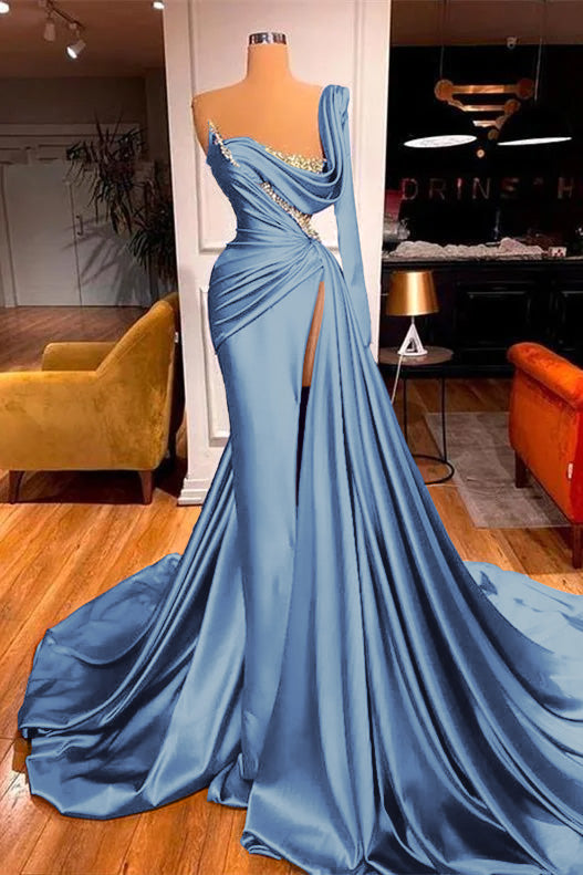 Mermaid One Shoulder Long Sleeve Pleated Prom Dress Split With Beadings