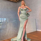 Dusty Sage Spaghetti-Straps Mermaid Prom Dress with Split, Beadings, and Ruffles BM bride