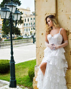 Graceful White Princess A-Line Off-the-Shoulder White Corset Prom Dress with Lace Ruffles BM bride