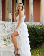 Graceful White Princess A-Line Off-the-Shoulder White Corset Prom Dress with Lace Ruffles BM bride