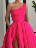 Simple One Shoulder Pink High Slit A-Line Pleated Formal Dress BM bride