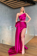 Hot Sale Fuchsia Prom Dress With Trail Sleeveless High Split