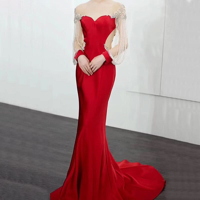 Red Mermaid Evening Dress with Satin Long Sleeves and Beading BM bride