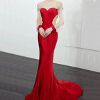 Red Mermaid Evening Dress with Satin Long Sleeves and Beading BM bride
