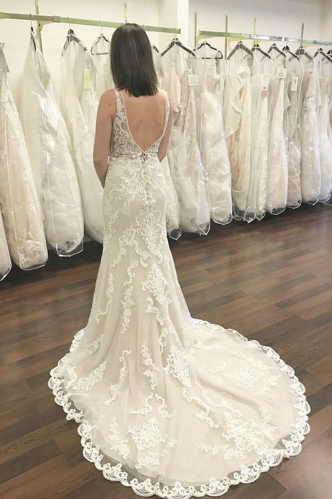 Elegant Deep V-Neck Wide Strap Mermaid Wedding Dress with Open Back Lace BM bride