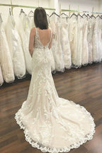 Elegant Deep V-Neck Wide Strap Mermaid Wedding Dress with Open Back Lace BM bride
