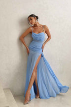 Spaghetti Strap Sleeveless Split Long Prom Dress With Pleated