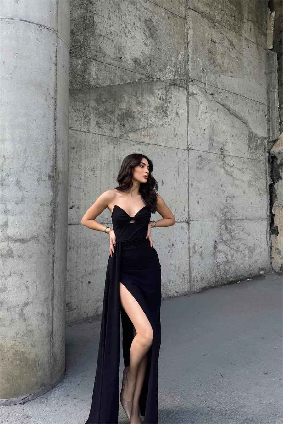 Charming Black Strapless Sleeveless High Waist Pleated Prom Dress With Split