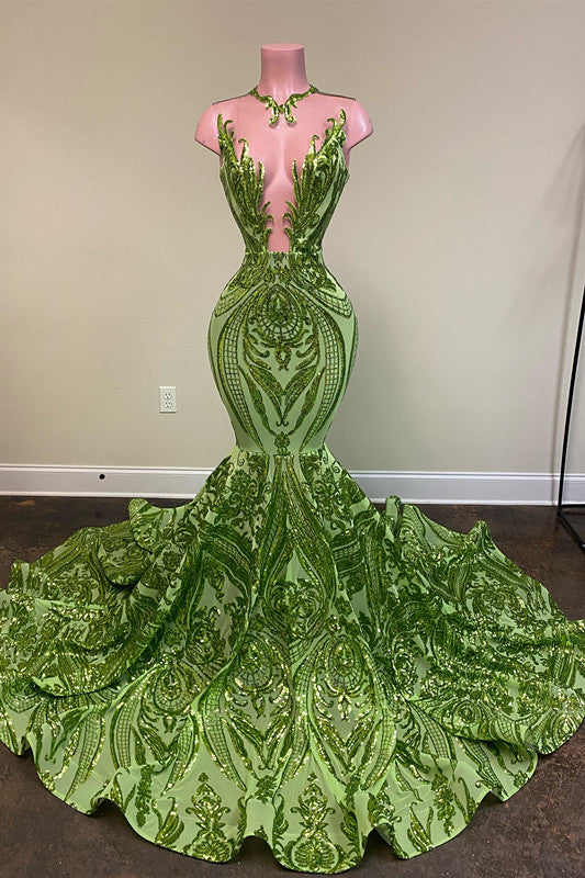Laser Light Crew Neck Mermaid Prom Dress Sleeveless With Appliques