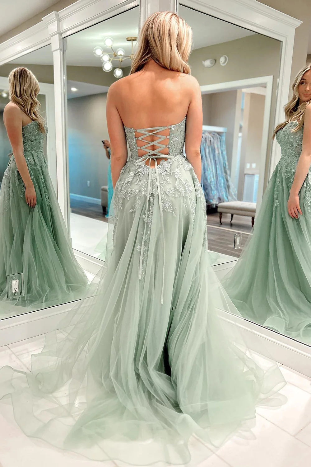 Delightful A-Line Sweetheart Sage Green Tulle Lace Long Prom Dress BM bride