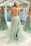 Delightful A-Line Sweetheart Sage Green Tulle Lace Long Prom Dress BM bride