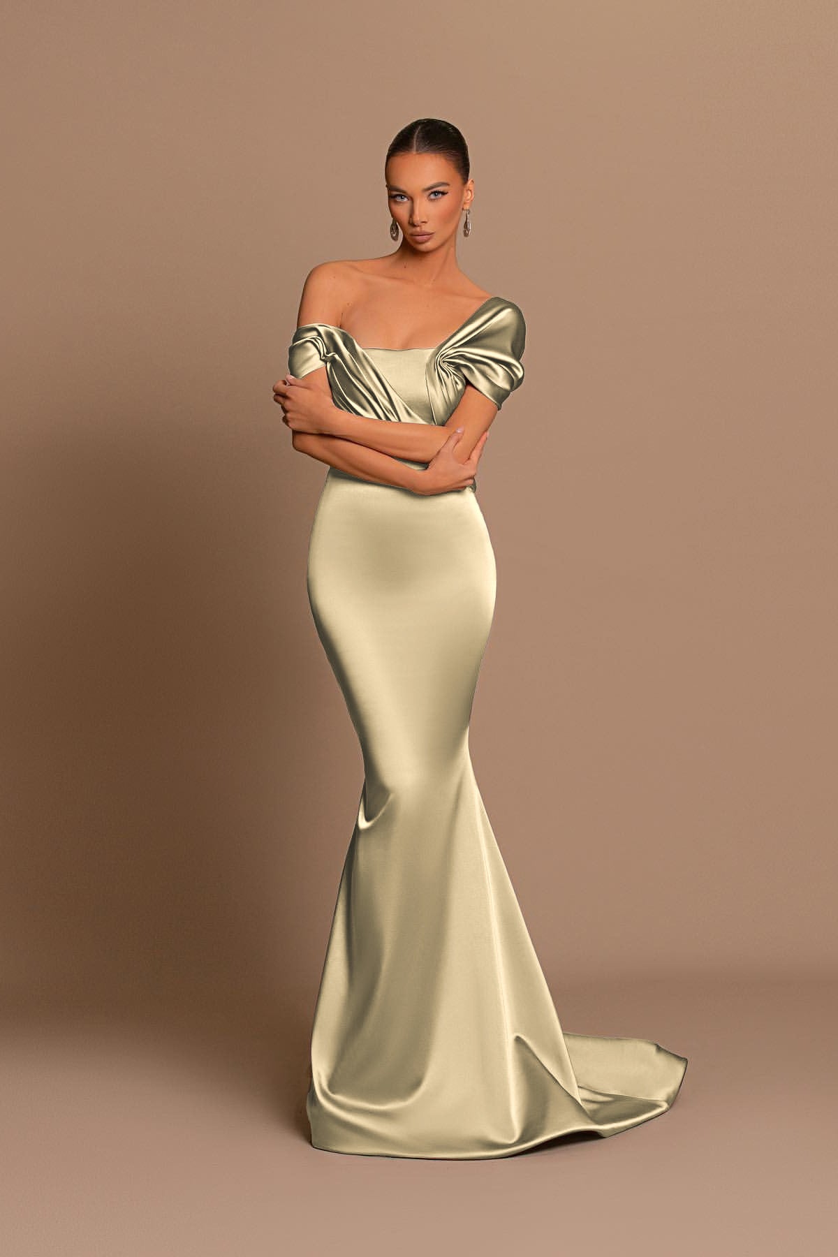 Glamorous Gray Off the Shoulder Mermaid Prom Dress With Pleated BMBRIDE