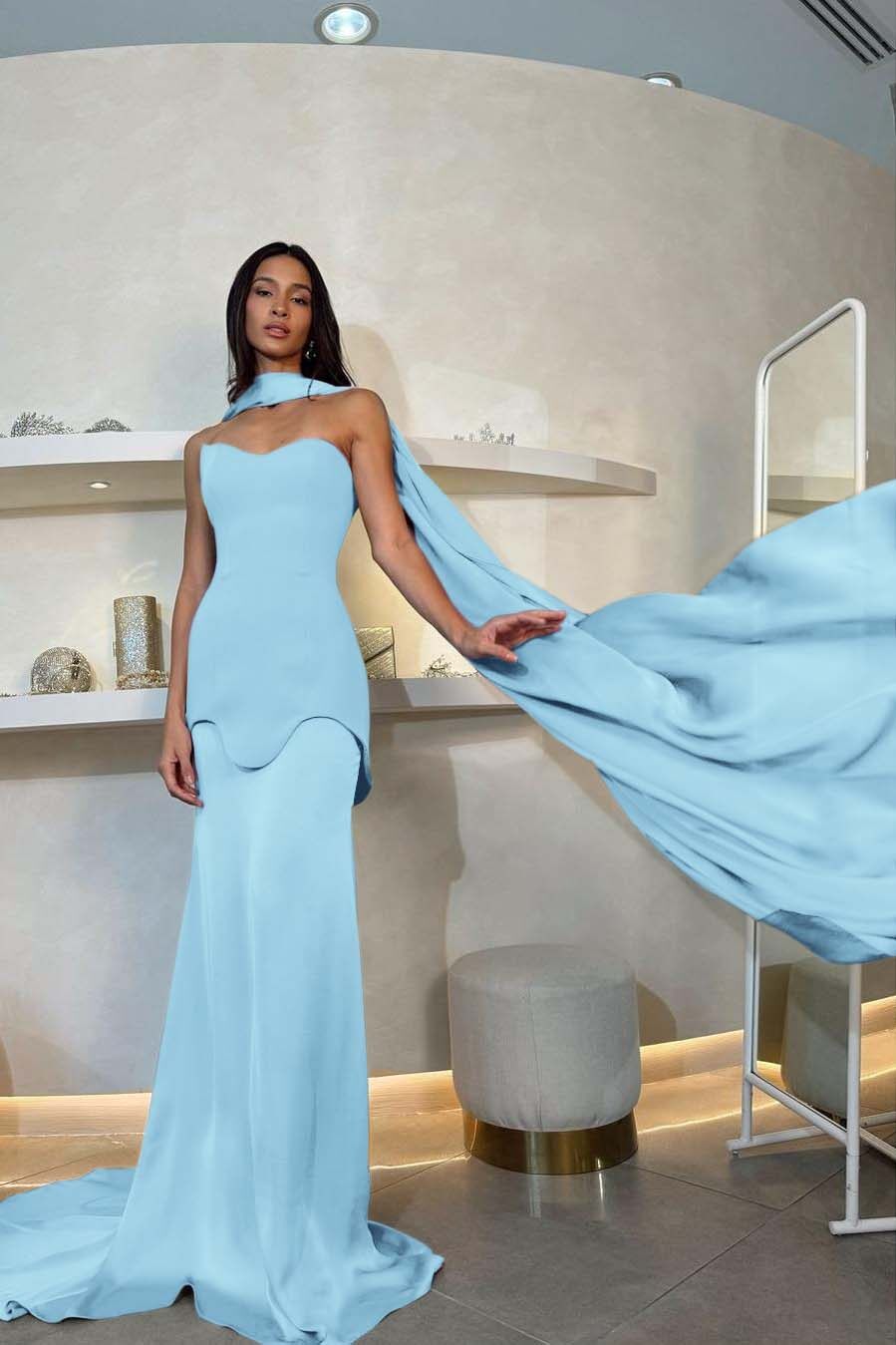 Halter Strapless Sleeveless Long Mermaid Prom Dress With Pleated