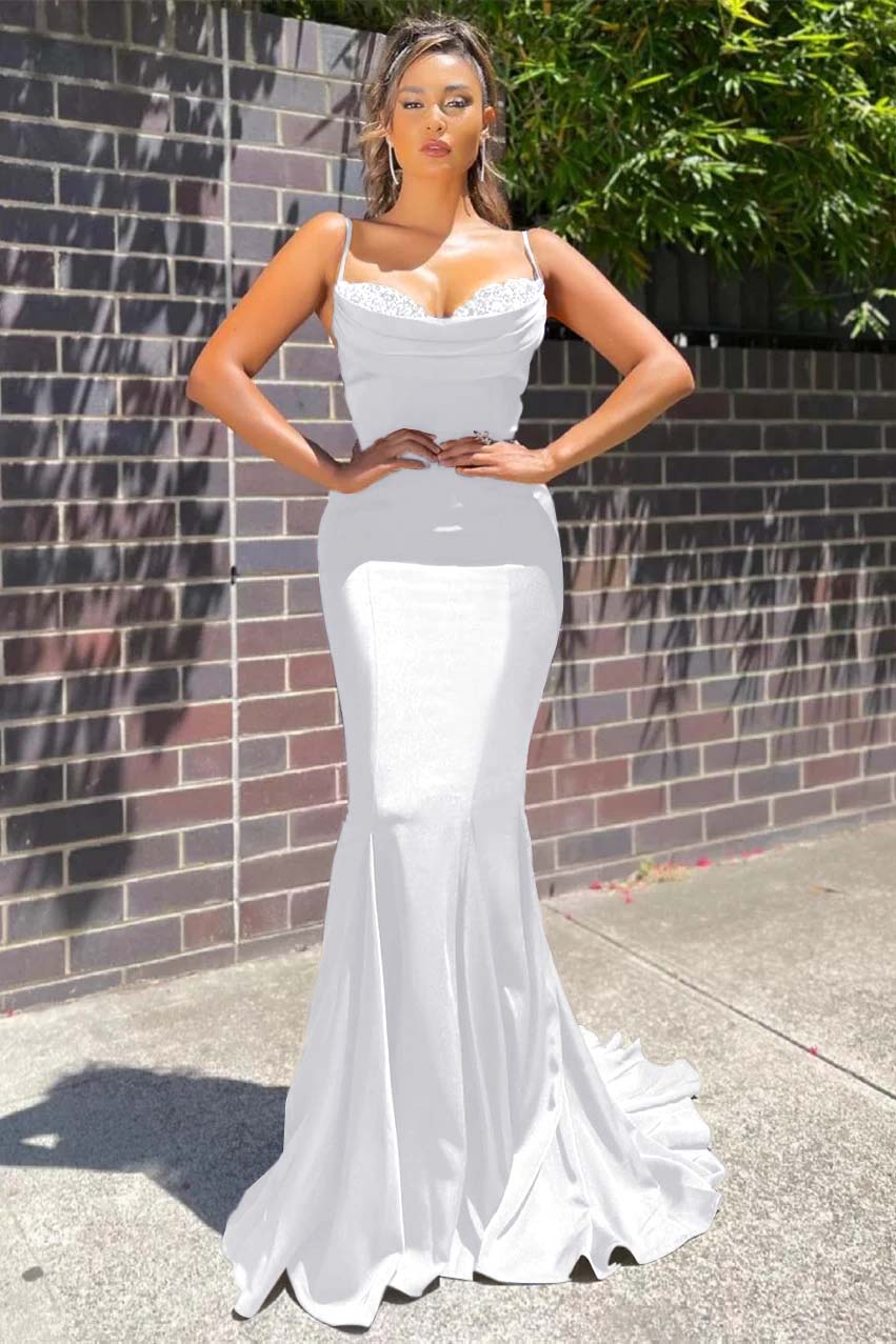 Long Spaghetti Strap Sleeveless Mermaid Ruffles Prom Dress With Beadings