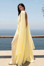 Deep V Neck Backless Long A Line Prom Dress With Ruffles Pleated