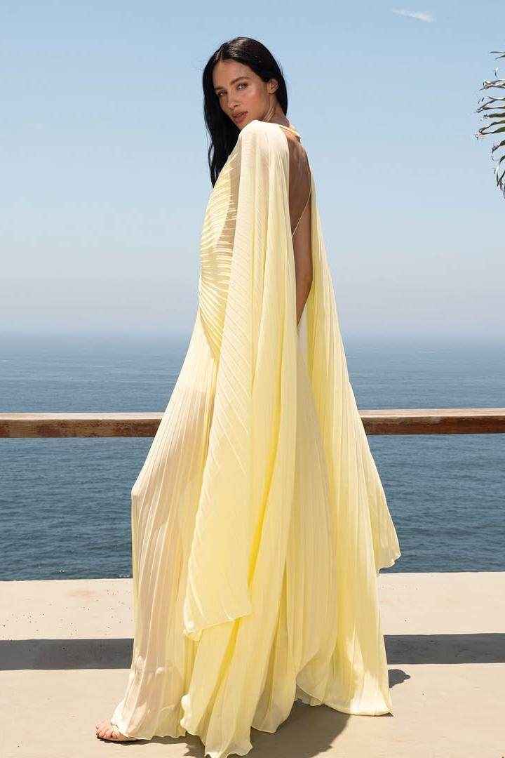 Deep V Neck Backless Long A Line Prom Dress With Ruffles Pleated