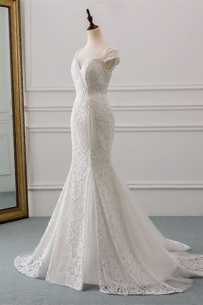 Sweetheart Lace Long Mermaid Wedding Dress with Cap Sleeves BM bride