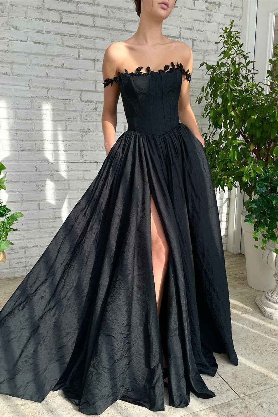 Charming Black Off the Shoulder Strapless Split Princess Long Prom Dress