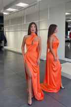 Orange Sexy Halter Satin Mermaid Prom Dress Long With High Split