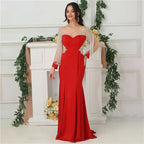 Red Mermaid Evening Dress with Satin Long Sleeves and Beading BM bride