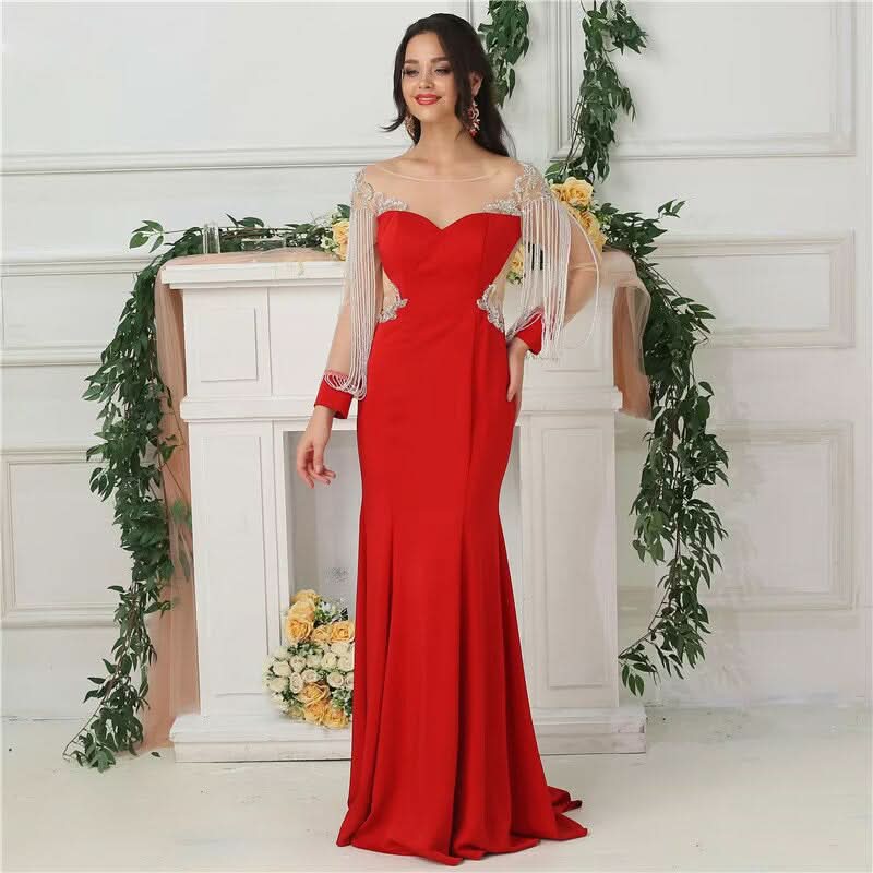 Red Mermaid Evening Dress with Satin Long Sleeves and Beading BM bride