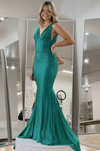 Simple Deep V-Neck Sleeveless Backless Long Mermaid Prom Dress with Appliques