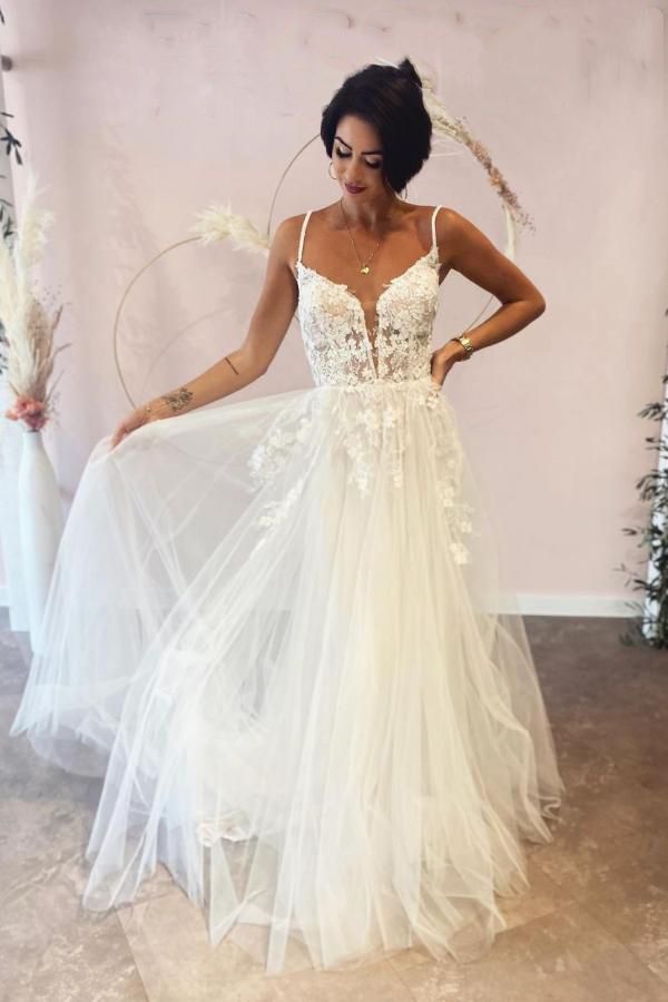 Long A-Line Deep V-Neck Spaghetti Strap Backless Wedding Dress with Lace Tulle BM bride