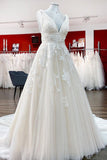 V-Neck Long Princess Backless Wedding Dress with Lace Tulle BM bride
