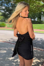 Simple Black Halter Backless Tight Short Satin Homecoming Dress Bmbride