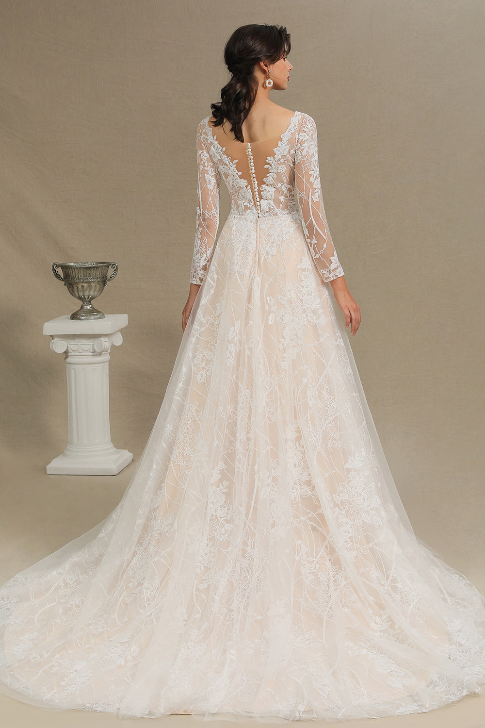 Sheer Long Sleeve A-Line Illusion Tulle Wedding Dress with Lace BM bride
