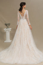 Sheer Long Sleeve A-Line Illusion Tulle Wedding Dress with Lace BM bride