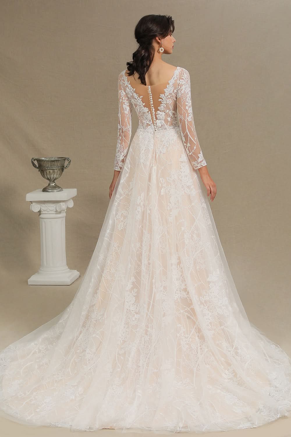 Sheer Long Sleeve A-Line Illusion Tulle Wedding Dress with Lace BM bride